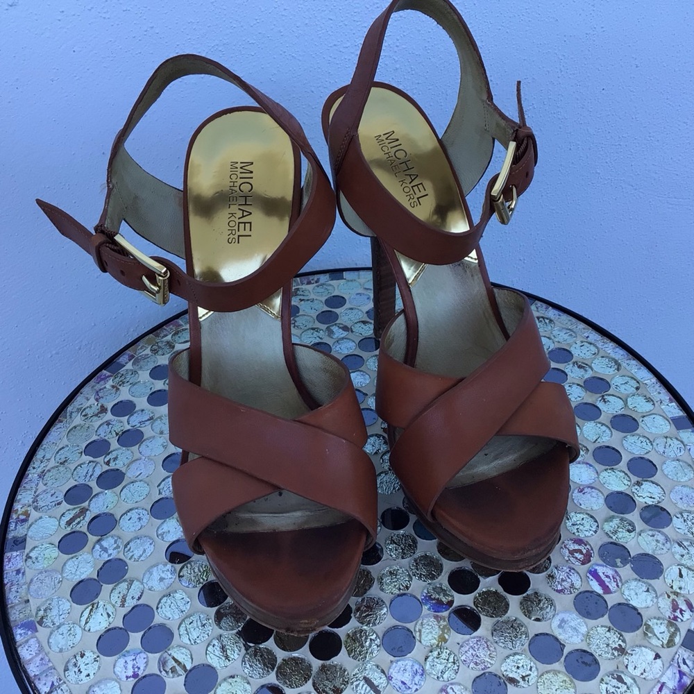 Michael Kors Women's Leather High Heeled Strappy Sandals with Signature Hardware - Picture 2 of 15
